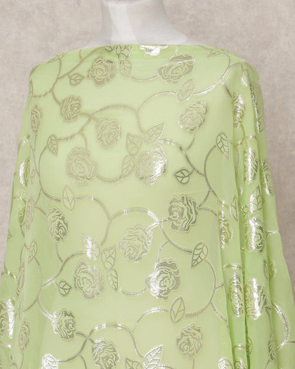 قماش ديراك شيفون حريري صومالي أخضر فستقي مع لوركس فضي معدني - 3.5 متر، عرض 140 سم، صنع في كوريا الجنوبية - D24538