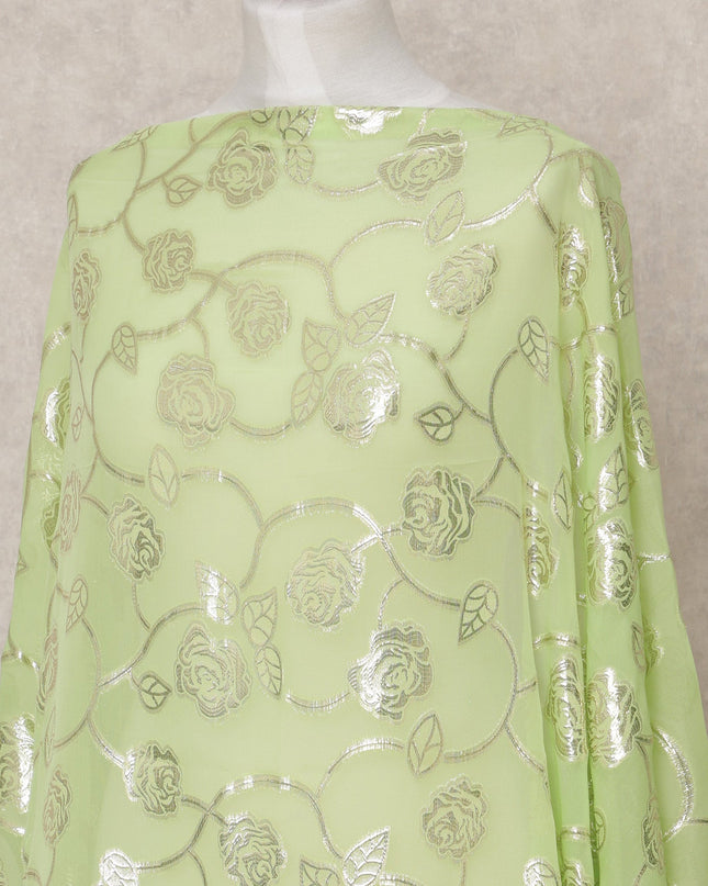 قماش ديراك شيفون حريري صومالي أخضر فستقي مع لوركس فضي معدني - 3.5 متر، عرض 140 سم، صنع في كوريا الجنوبية - D24538