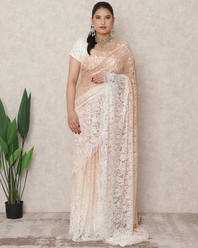 Nude Peach to Ivory Ombre Premium French Chantilly Lace Saree with Stone Work, 5.5 Mtrs Length, 110 Cms Width, Made in France-D24418 - Regal Fabrics