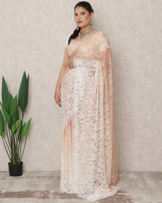 Nude Peach to Ivory Ombre Premium French Chantilly Lace Saree with Stone Work, 5.5 Mtrs Length, 110 Cms Width, Made in France-D24418 - Regal Fabrics