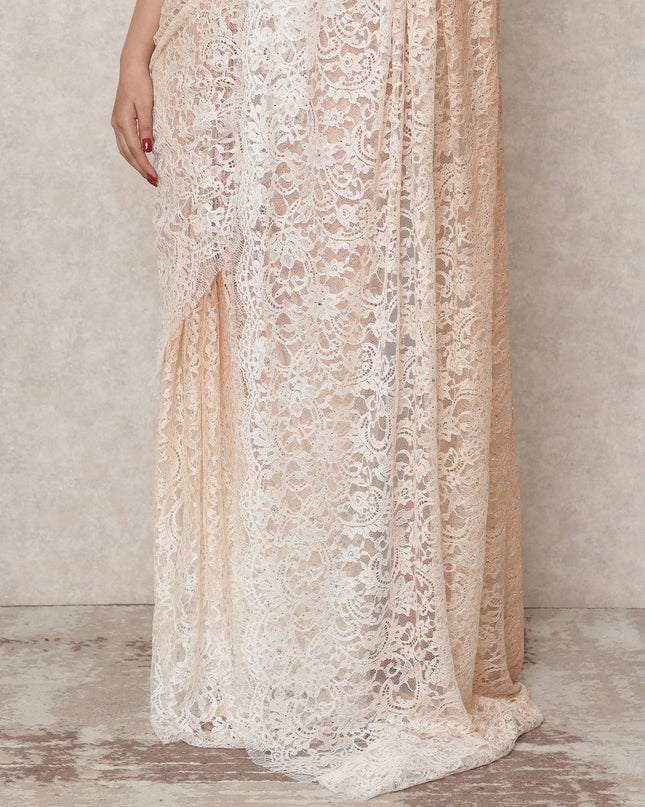 Nude Peach to Ivory Ombre Premium French Chantilly Lace Saree with Stone Work, 5.5 Mtrs Length, 110 Cms Width, Made in France-D24418 - Regal Fabrics