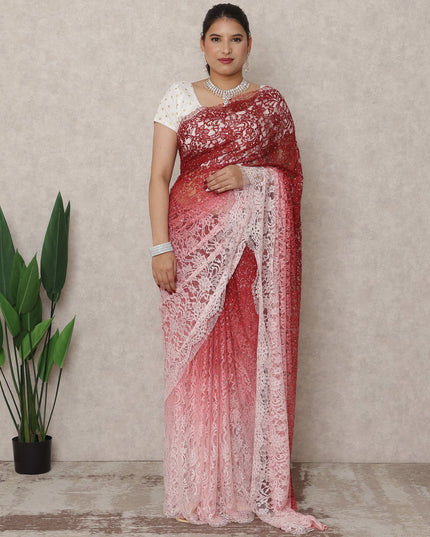 Rose Pink to Deep Red Ombre Premium French Chantilly Lace Saree with Stone Work, 5.5 Mtrs Length, 110 Cms Width, Made in France-D24415