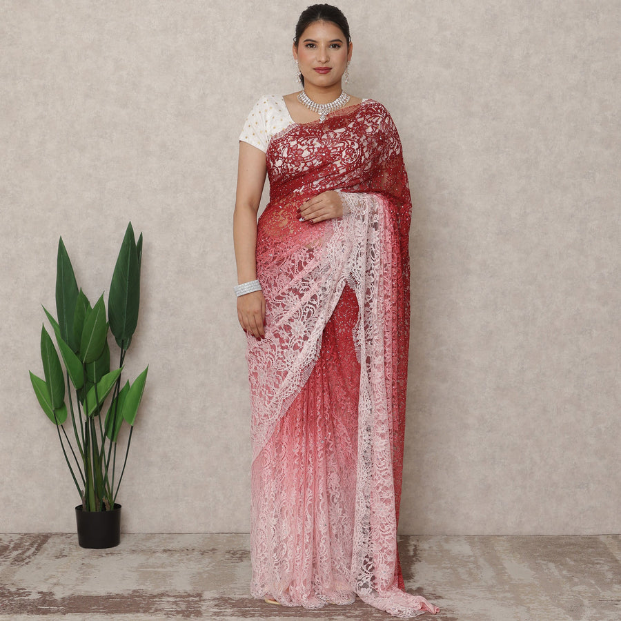 Rose Pink to Deep Red Ombre Premium French Chantilly Lace Saree with Stone Work, 5.5 Mtrs Length, 110 Cms Width, Made in France-D24415