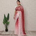 Rose Pink to Deep Red Ombre Premium French Chantilly Lace Saree with Stone Work, 5.5 Mtrs Length, 110 Cms Width, Made in France-D24415