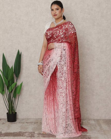 Rose Pink to Deep Red Ombre Premium French Chantilly Lace Saree with Stone Work, 5.5 Mtrs Length, 110 Cms Width, Made in France-D24415