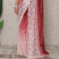 Rose Pink to Deep Red Ombre Premium French Chantilly Lace Saree with Stone Work, 5.5 Mtrs Length, 110 Cms Width, Made in France-D24415