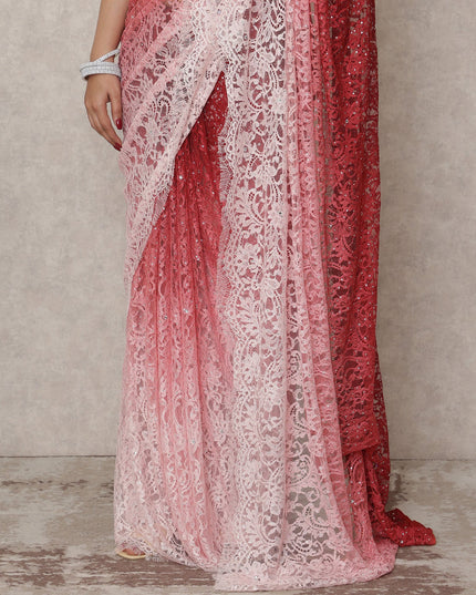 Rose Pink to Deep Red Ombre Premium French Chantilly Lace Saree with Stone Work, 5.5 Mtrs Length, 110 Cms Width, Made in France-D24415
