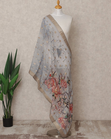 Grey Floral Digital Print Zari Border Premium Tussar Silk Dupatta, 225X85 Cms, Made in India-D25773