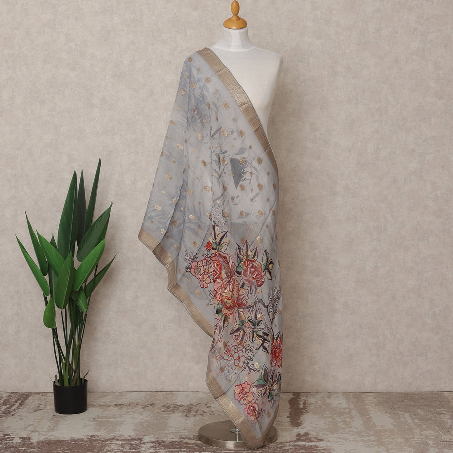 Grey Floral Digital Print Zari Border Premium Tussar Silk Dupatta, 225X85 Cms, Made in India-D25773