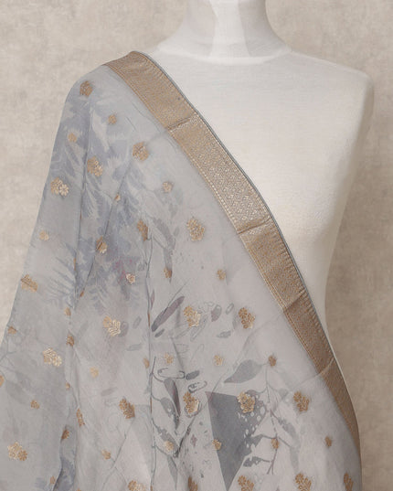 Grey Floral Digital Print Zari Border Premium Tussar Silk Dupatta, 225X85 Cms, Made in India-D25773