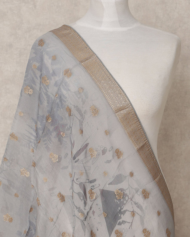 Grey Floral Digital Print Zari Border Premium Tussar Silk Dupatta, 225X85 Cms, Made in India-D25773