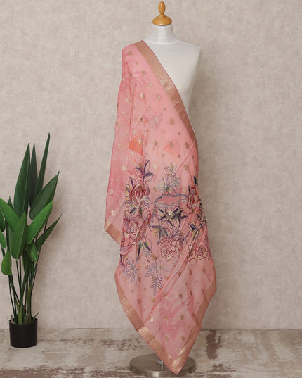 Pink Floral Digital Print Zari Border Premium Tussar Silk Dupatta, 225X85 Cms, Made in India-D25775