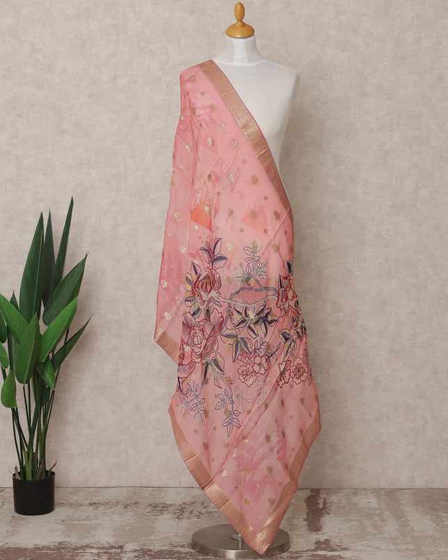 Pink Floral Digital Print Zari Border Premium Tussar Silk Dupatta, 225X85 Cms, Made in India-D25775
