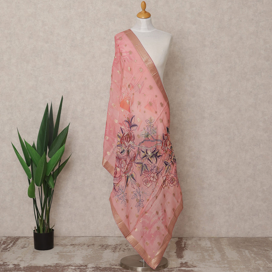 Pink Floral Digital Print Zari Border Premium Tussar Silk Dupatta, 225X85 Cms, Made in India-D25775