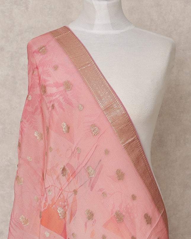 Pink Floral Digital Print Zari Border Premium Tussar Silk Dupatta, 225X85 Cms, Made in India-D25775