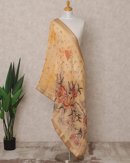 Mustard Floral Digital Print Zari Border Premium Tussar Silk Dupatta, 225X85 Cms, Made in India-D25778