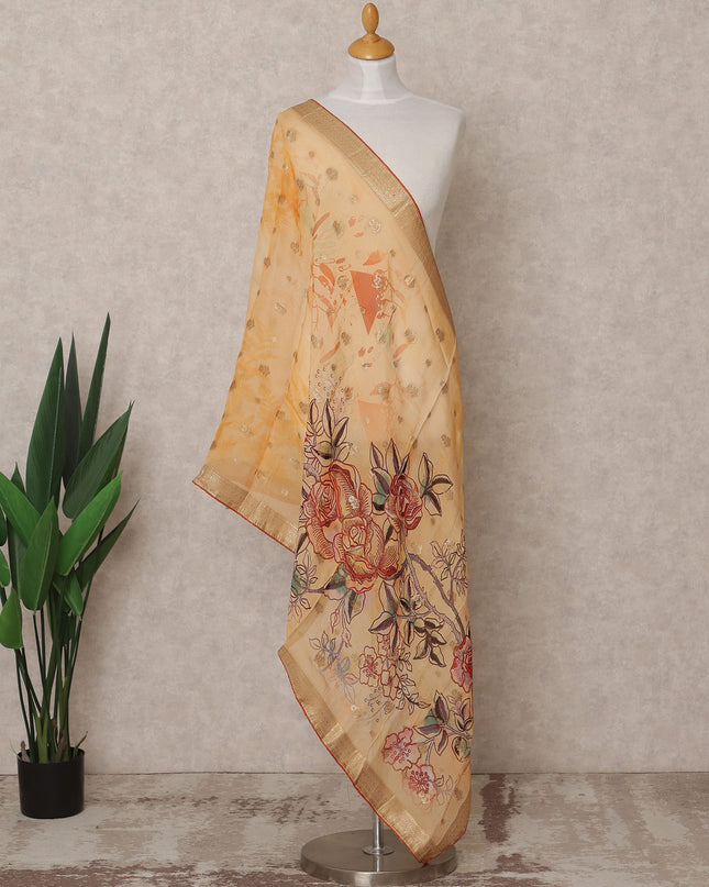Mustard Floral Digital Print Zari Border Premium Tussar Silk Dupatta, 225X85 Cms, Made in India-D25778