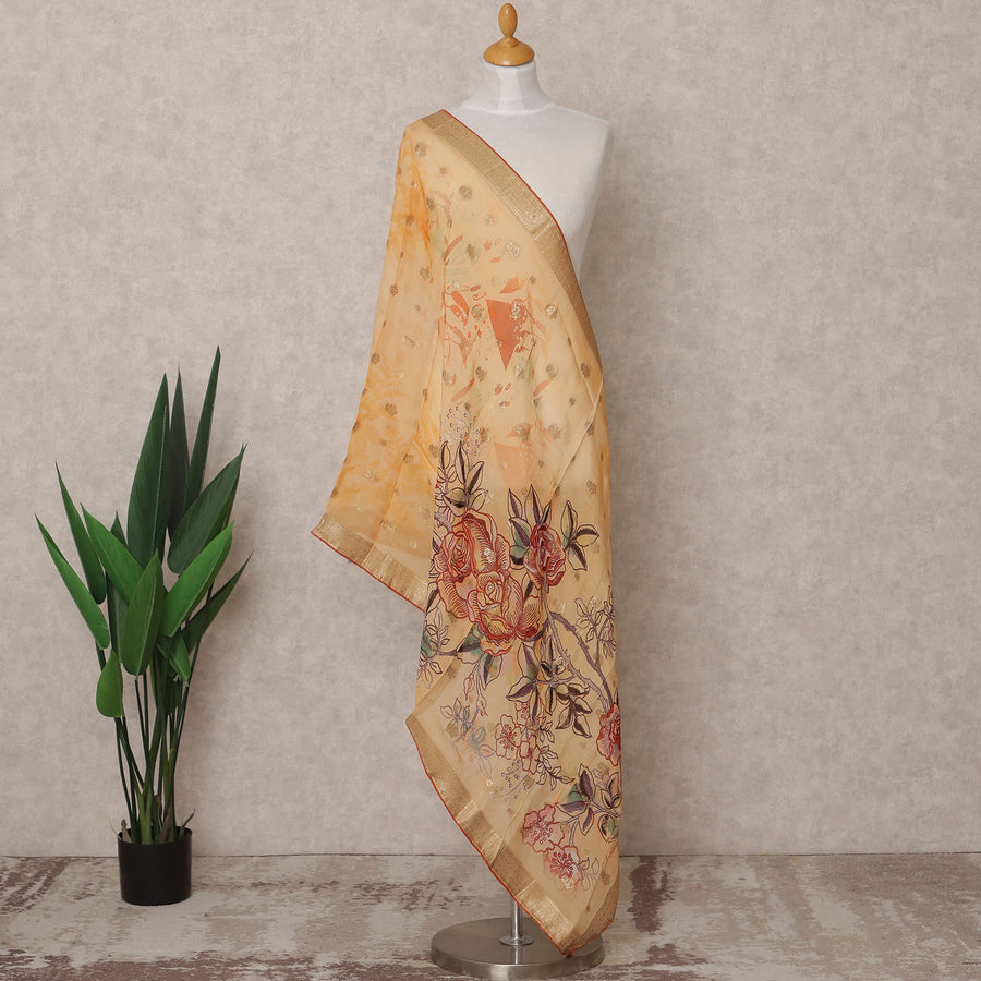 Mustard Floral Digital Print Zari Border Premium Tussar Silk Dupatta, 225X85 Cms, Made in India-D25778