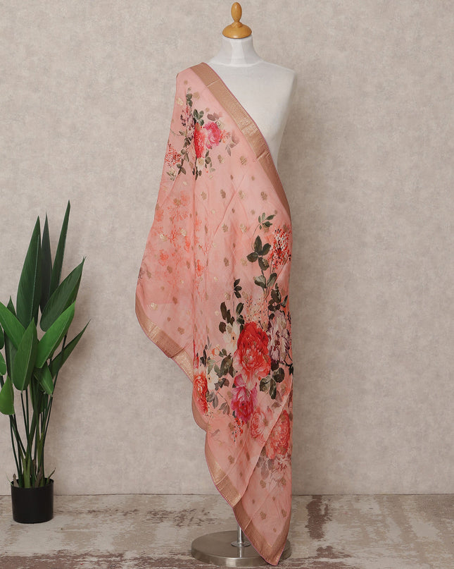 Peach Floral Digital Print Zari Border Premium Tussar Silk Dupatta, 225X85 Cms, Made in India-D25776