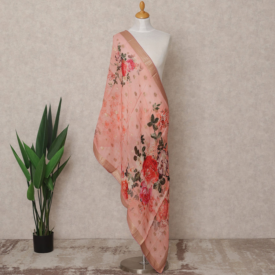Peach Floral Digital Print Zari Border Premium Tussar Silk Dupatta, 225X85 Cms, Made in India-D25776
