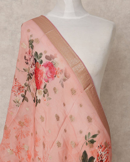 Peach Floral Digital Print Zari Border Premium Tussar Silk Dupatta, 225X85 Cms, Made in India-D25776