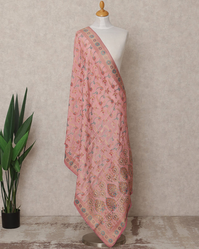 Peach Floral Zari Woven Border Premium Raw Silk Dupatta, 225X85 Cms, Made in India-D25765