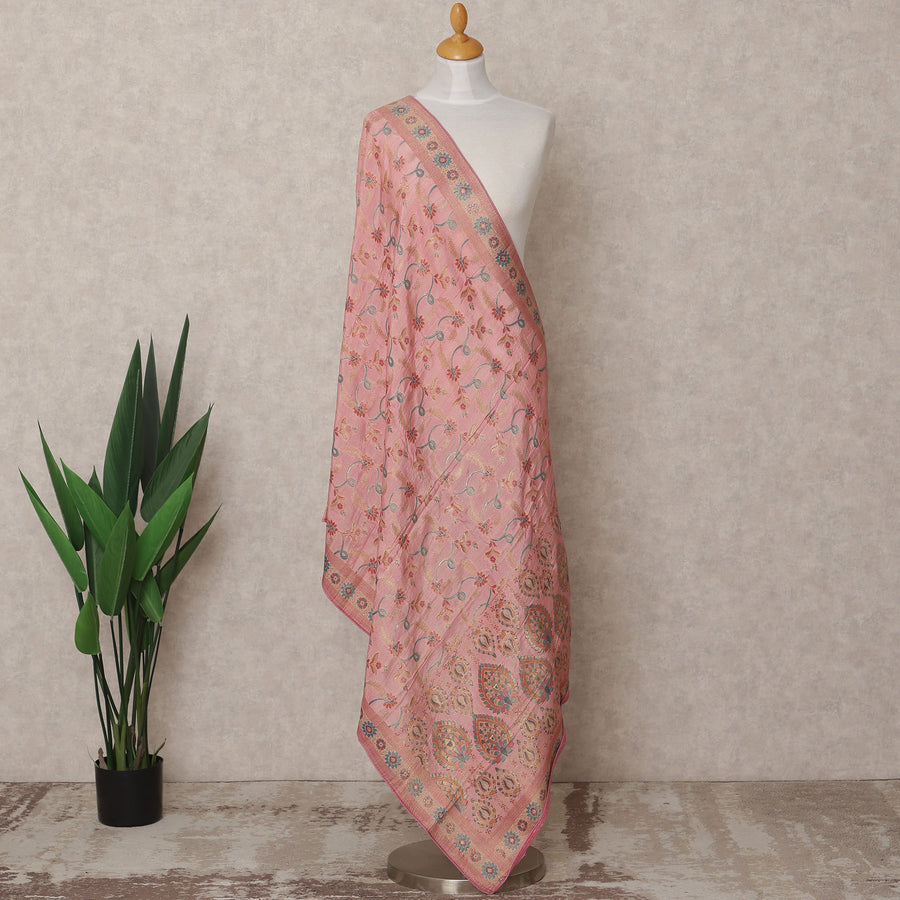 Peach Floral Zari Woven Border Premium Raw Silk Dupatta, 225X85 Cms, Made in India-D25765