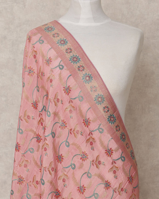 Peach Floral Zari Woven Border Premium Raw Silk Dupatta, 225X85 Cms, Made in India-D25765