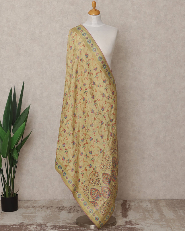 Beige Floral Zari Woven Border Premium Raw Silk Dupatta, 225X85 Cms, Made in India-D25764