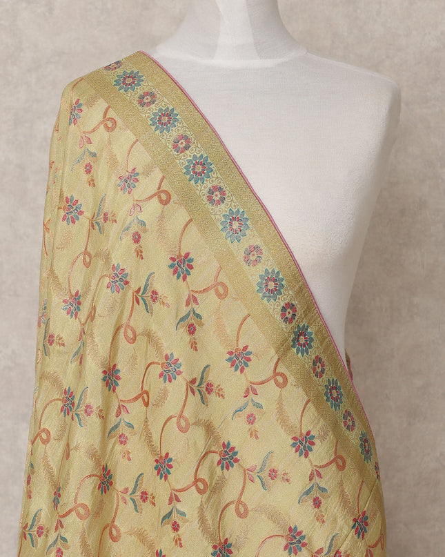 Beige Floral Zari Woven Border Premium Raw Silk Dupatta, 225X85 Cms, Made in India-D25764