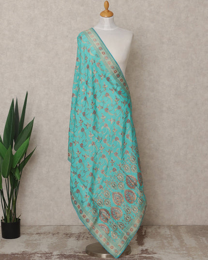 Turquoise Floral Zari Woven Border Premium Raw Silk Dupatta, 225X85 Cms, Made in India-D25763