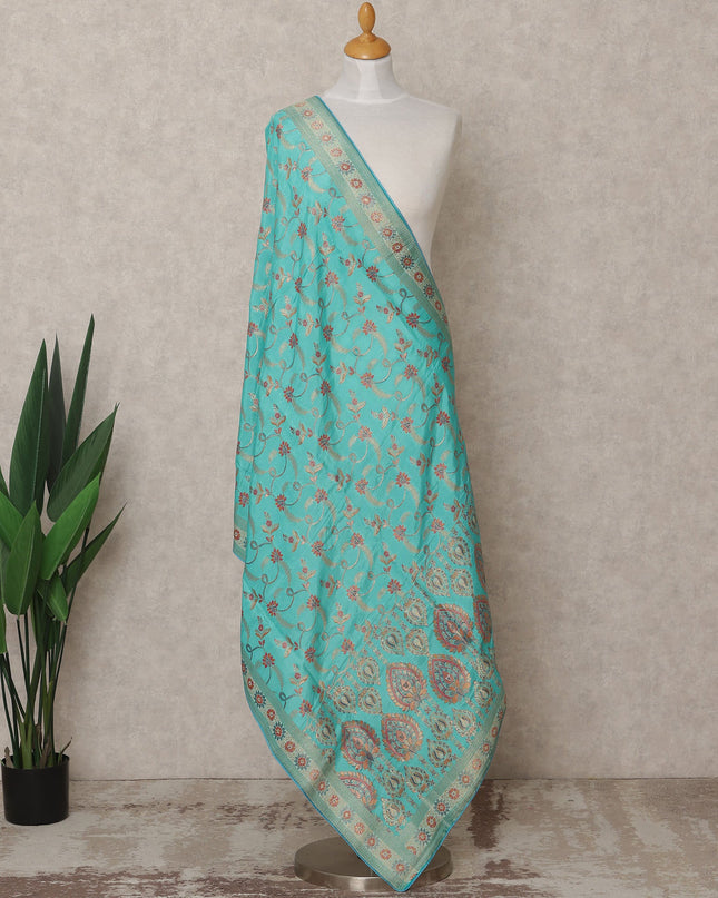 Turquoise Floral Zari Woven Border Premium Raw Silk Dupatta, 225X85 Cms, Made in India-D25763