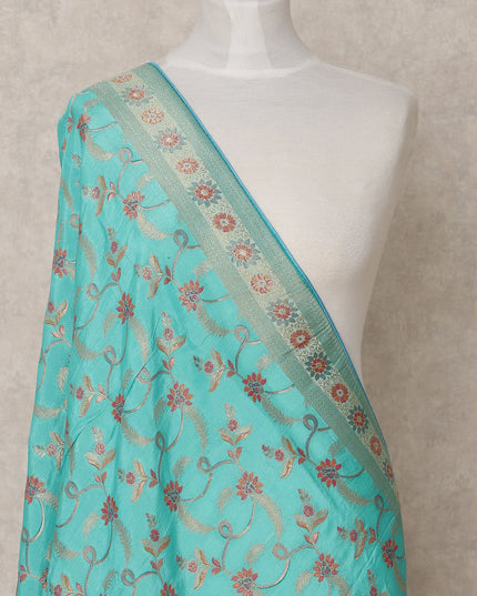 Turquoise Floral Zari Woven Border Premium Raw Silk Dupatta, 225X85 Cms, Made in India-D25763