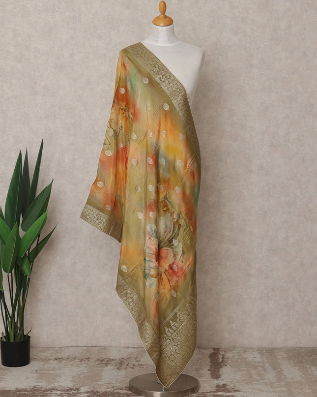 Olive Green Floral Digital Print Zari Border Premium Organza Dupatta, 225X85 Cms, Made in India-D25772 Regal Fabrics