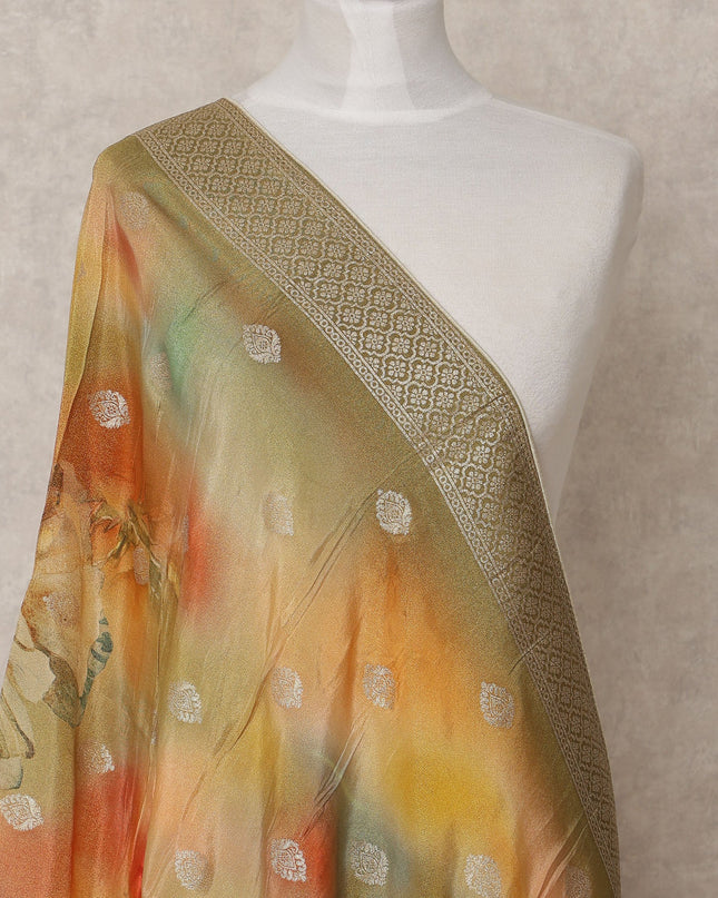 Olive Green Floral Digital Print Zari Border Premium Organza Dupatta, 225X85 Cms, Made in India-D25772 Regal Fabrics