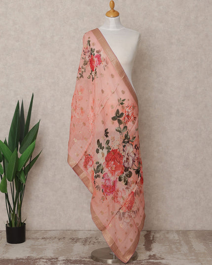 Peach Floral Digital Print Zari Border Premium Tussar Silk Dupatta, 225X85 Cms, Made in India-D25771