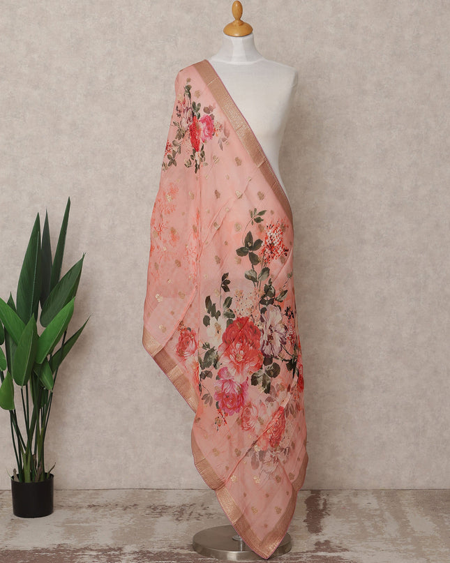 Peach Floral Digital Print Zari Border Premium Tussar Silk Dupatta, 225X85 Cms, Made in India-D25771