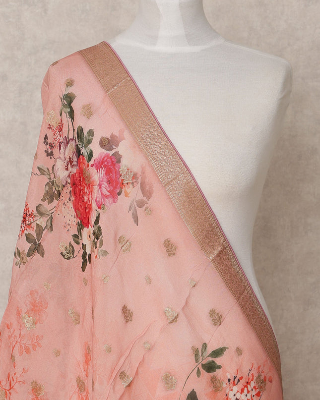 Peach Floral Digital Print Zari Border Premium Tussar Silk Dupatta, 225X85 Cms, Made in India-D25771