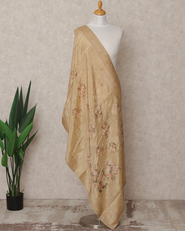 Beige Floral Digital Print Zari Border Premium Tussar Silk Dupatta, 225X85 Cms, Made in India-D25774