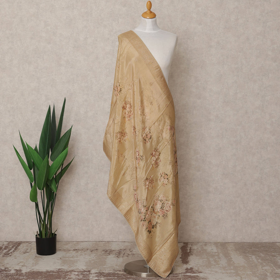 Beige Floral Digital Print Zari Border Premium Tussar Silk Dupatta, 225X85 Cms, Made in India-D25774