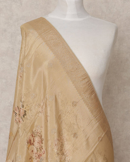 Beige Floral Digital Print Zari Border Premium Tussar Silk Dupatta, 225X85 Cms, Made in India-D25774