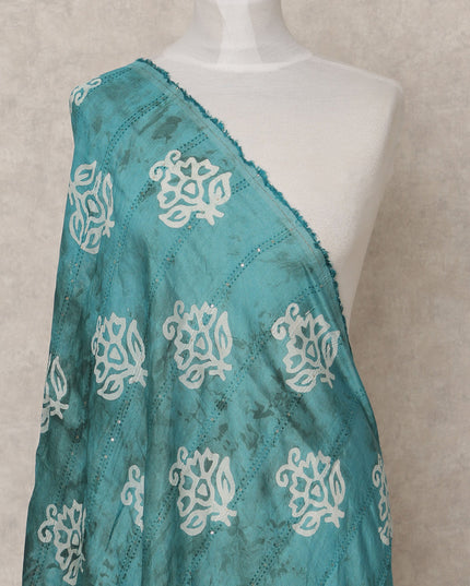 Teal Blue Handcrafted Floral Block Print Premium Cotton Dupatta, 225X85 Cms, Made in India-D25791