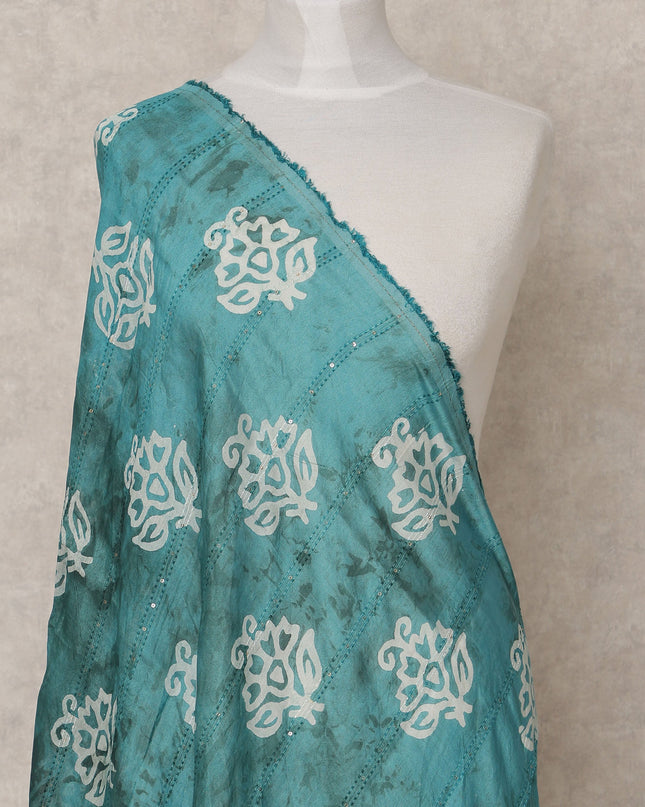 Teal Blue Handcrafted Floral Block Print Premium Cotton Dupatta, 225X85 Cms, Made in India-D25791