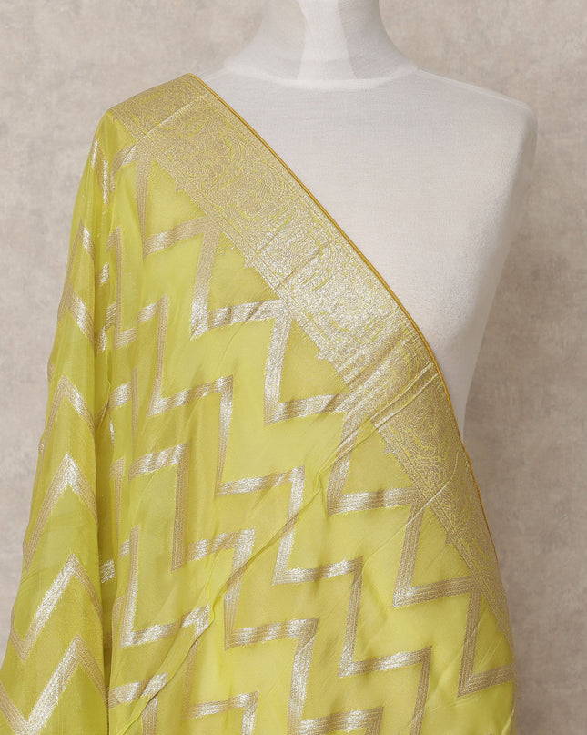 Lemon Yellow Chevron Metallic Zari Weave Premium Tussar Silk Dupatta, 225X85 Cms, Made in India-D25783
