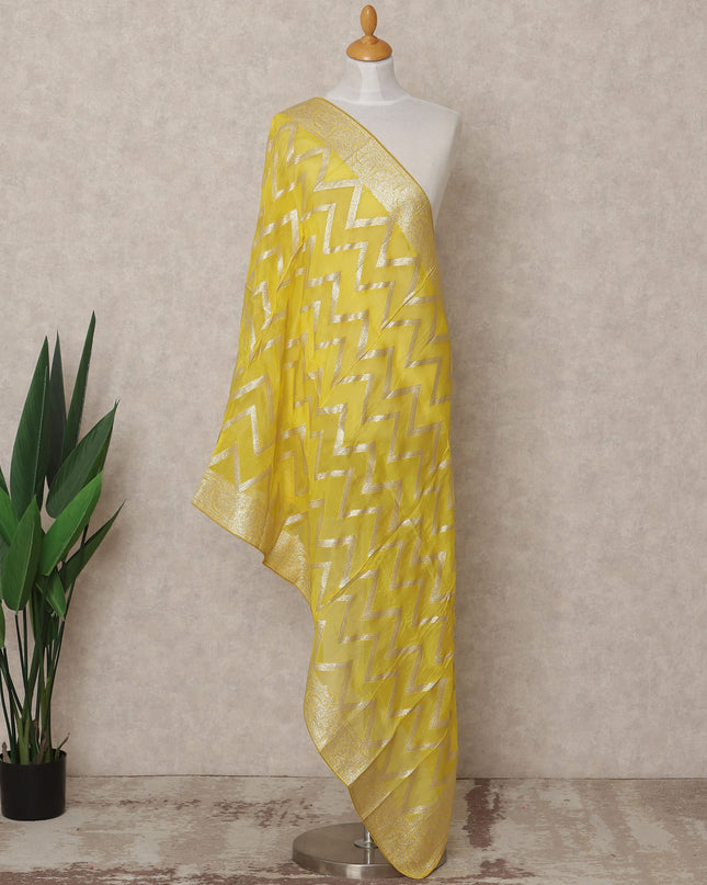 Bright Yellow Chevron Metallic Zari Weave Premium Tussar Silk Dupatta, 225X85 Cms, Made in India-D25784