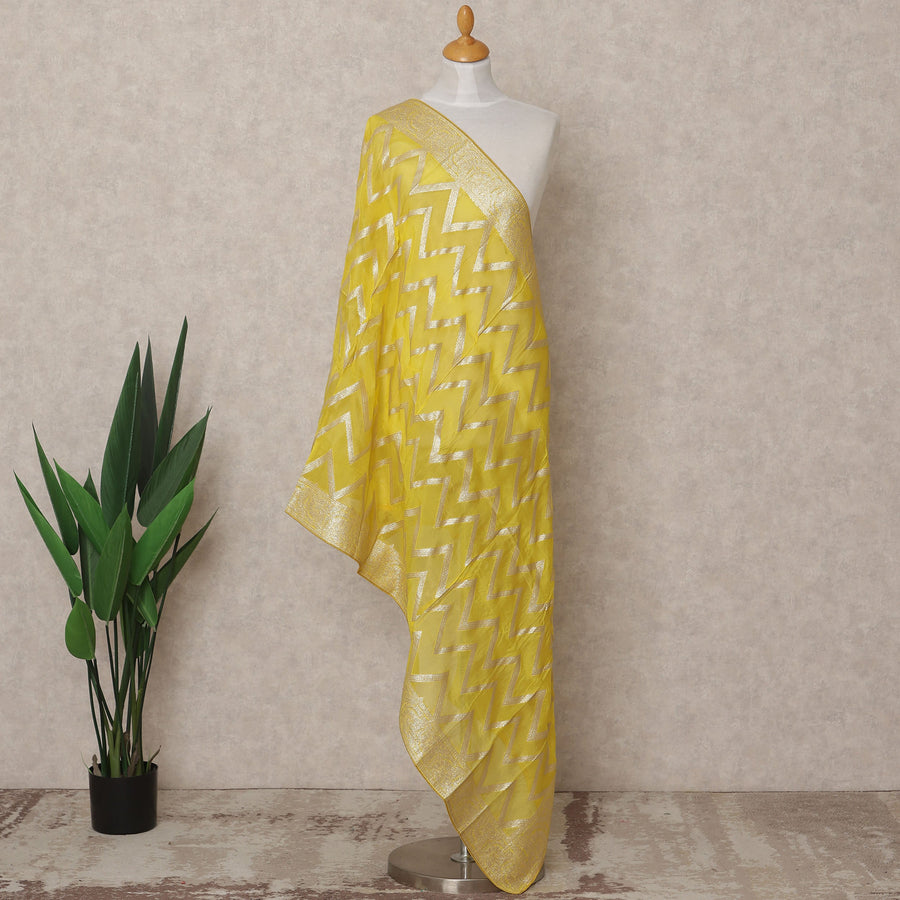 Bright Yellow Chevron Metallic Zari Weave Premium Tussar Silk Dupatta, 225X85 Cms, Made in India-D25784