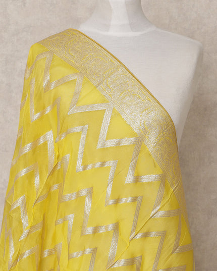Bright Yellow Chevron Metallic Zari Weave Premium Tussar Silk Dupatta, 225X85 Cms, Made in India-D25784