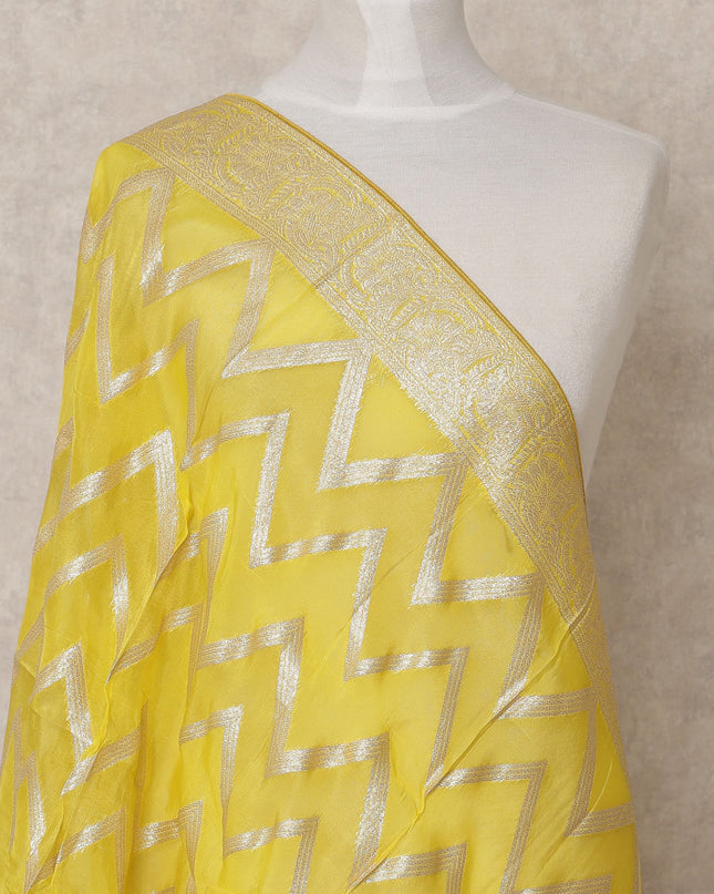 Bright Yellow Chevron Metallic Zari Weave Premium Tussar Silk Dupatta, 225X85 Cms, Made in India-D25784