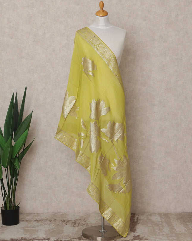 Lime Green Metallic Leaf Zari Weave Premium Tussar Silk Dupatta, 225X85 Cms, Made in India-D25781