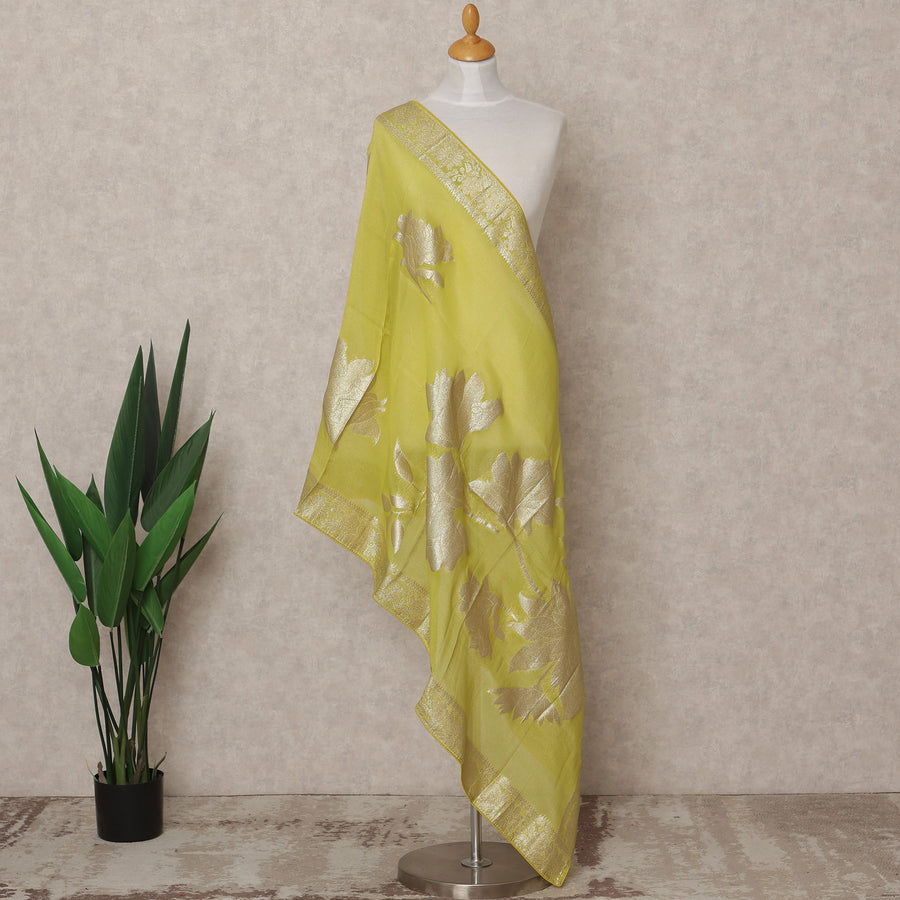 Lime Green Metallic Leaf Zari Weave Premium Tussar Silk Dupatta, 225X85 Cms, Made in India-D25781